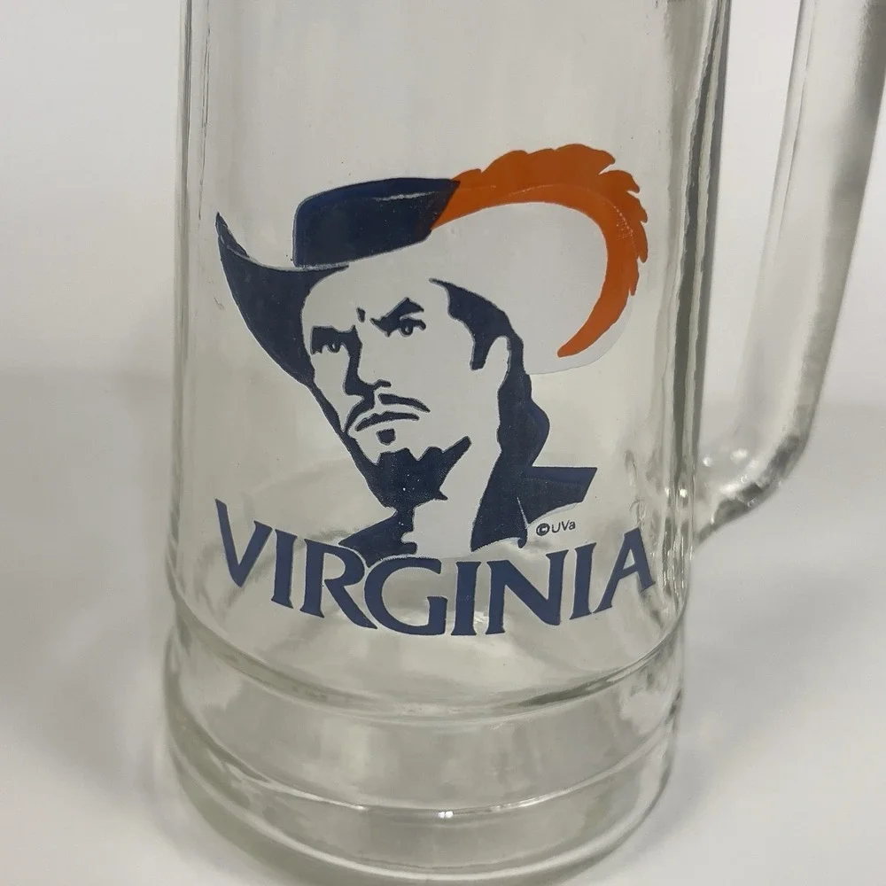 Vintage UVA‎ Virginia Cavaliers Glass Beer Stein Mug Cavalier Logo Barware 16 oz